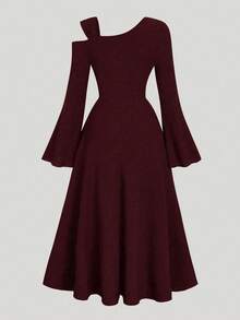 SHEIN Unity Plus Size Women's Solid Color Knitted Ribbed Asymmetric Shoulder Flare Sleeve Ruffle Trim Bodycon Maxi Elegant Party Dress - Burgundy - View 2