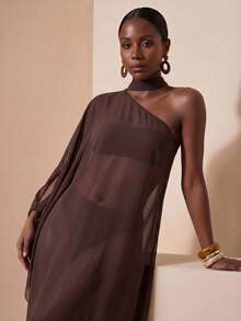 Zivah New Women's Vacation Casual Beach Pool Party Semi-Sheer Chiffon Long Robe Cover Up Summer - Brown - View 8