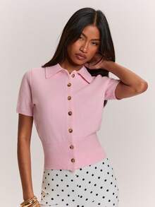 SHEIN BAE Solid Color Lapel Waist-Cinching Slim Fit Short Sleeve Women's Cardigan Sweater - Pink - View 5