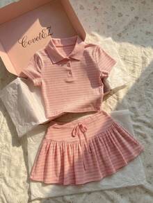 CovetEZ 女款條紋短袖 Polo 衫與蝴蝶結設計裙 2 件套裝 - 粉色 - 查看 2