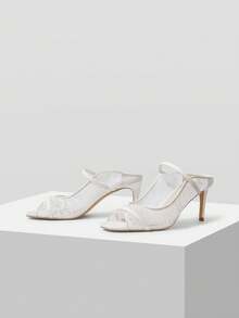 MOTF Sandal Musim Panas Wanita Elegan Berenda Putih Hak Tinggi Ujung Persegi - Putih - View 7