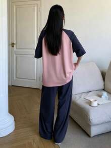 DAZY 字母印花落肩袖寬鬆短袖女款居家服兩件套 夏季睡衣 - 藏蓝色 - 查看 2