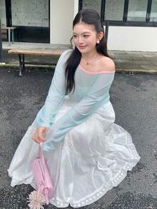 Dazy Plus 大尺碼女款蕾絲拼接白色芭蕾風A字長版百搭韓系裙 - 白色 - 查看 1