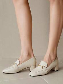 Alvarani Women's High-Heeled Loafers: Chunky Heeled Shoes, 2024 Spring And Autumn New Retro Shoes, Versatile British Women's Shoes, Soft Leather Beige High-Heeled Shoes,Elegant - Beige - View 3