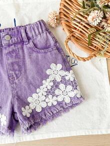 Maija Kids Maija Kids 女童鏤空刺繡設計毛邊牛仔短褲 - 紫色 - 查看 7
