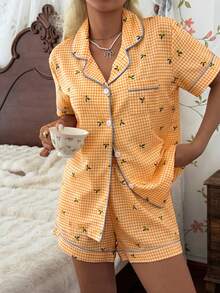 CottageSlumber Women's New Lemon Plaid Print Button-Down Short Sleeve Shorts Pajama Set - Orange - View 4