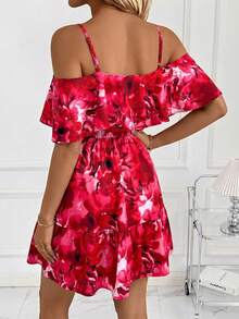 SHEIN Clasi 女款細肩帶露肩印花迷你洋裝 - 紅色 - 查看 2
