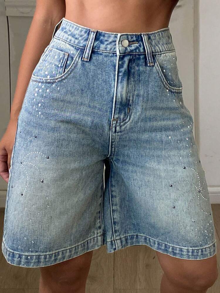 Women's Rhinestone Embellished Knee Length Denim Shorts, Casual Teenage Style Y2k Summer