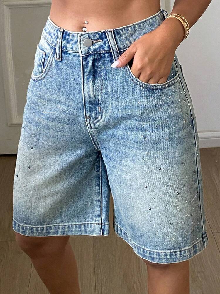 Women's Rhinestone Embellished Knee Length Denim Shorts, Casual Teenage Style Y2k Summer