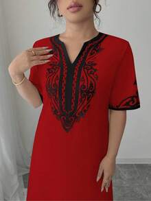 Elenzga Plus Size Women's Notch V-Neck Colorblock Casual Party Dress - Red - View 5