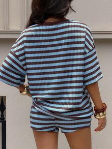 Siren Gaze Women's Round Neck Striped Colorblock Short Sleeve Top And Shorts Casual Daily Set - Brown - View 2