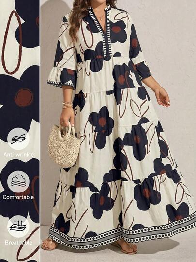Comfylo Plus Size Floral Print Vacation Casual Dress