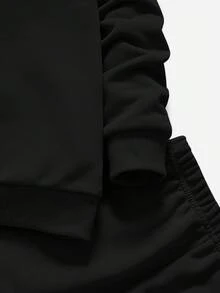 SHEIN 小男孩寬鬆休閒簡約舒適圓領套頭字母印花運動長褲套裝 - 黑色 - 查看 5