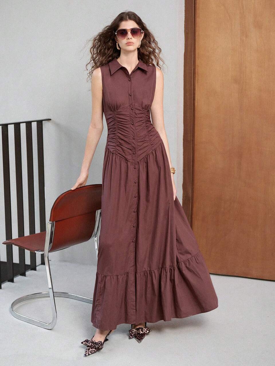 PURE COTTON LAPEL SLEEVELESS PLEATED LONG DRESS FOR WOMEN
