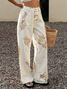 Livesso Women's Loose Straight-Leg Jeans With Floral All-Over Print, Suitable For Summer, Autumn And Spring, Casual Business Office Wear Vacation - White - View 4