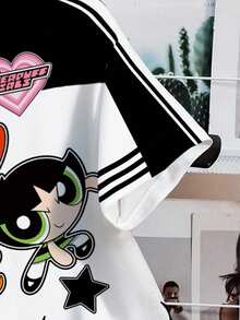 THE POWERPUFF GIRLS X SHEIN Damen Sommer Farbblock Blüten, Blasen, Butterblumen Muster Kurzarm T-Shirt - Weiss - Übersicht 6
