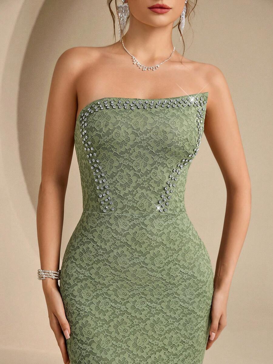 Coutiva Women's Green Rhinestone Decorated Lace Pattern Strapless Ball Gown Dress - Green - View 1