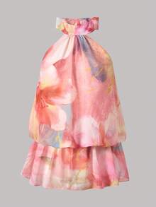 Tween Girl Floral Print Ruffle Hem Halter Neck Vacation Dress - Multicolor - View 4
