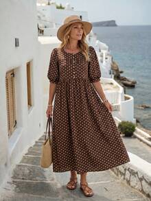 EMERY ROSE Women's Round Neck Mid-Sleeve Brown And White Polka Dot Long Dress Vacation Summer Boho - Multicolor - View 7