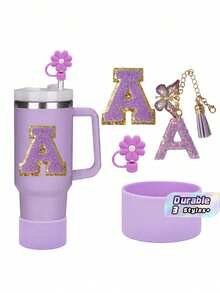 A-C 6-One Piece Cup Accessory Set, Excluding Cups And Straws (30- 40 Ounces)-Accessory Set Includes: 1 Straw Top, 1 Letter Amulet, 1 Silicone Cup Protective Base, And 1 Cup Letter Sticker, Perfect As A Daily Or Holiday Surprise Gift. - Flash Purple - View 1
