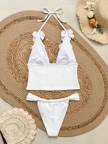 Swim Chiccia Women's Fashion Beachwear, Deep V-Neckline Slimming Tummy Control Design, 3D Floral Accessory Decoration, Halter Neck Sweet Girly Style, Daily Party, Casual Vacation Fresh Two Pieces Swimsuit Set - White - View 2