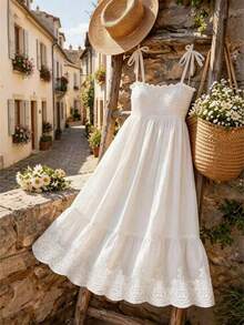 SHEIN Franclia Vestido de tirantes casual de unicolor bordado para vacaciones de mujer - Blanco - Ver 3