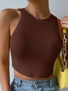 Breezaya Nervürlü Örgü Sade Gündelik Women Knit Tops - Kahve Kahverengi - Görünüm 6