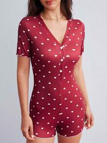 Elorette Heart Print Lettuce Trim Romper - Red - View 5