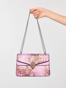 ROMWE Grunge Punk Crocodile Embossed Vintage Chain Small Square Bag, Fashion Versatile Crossbody Shoulder Bag (23*15*9) Cm - Purple - View 3