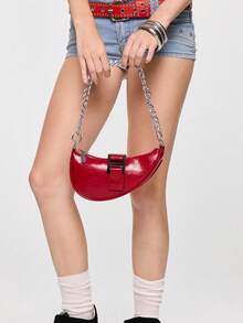 ROMWE Grunge Punk Simple Fashion Solid Color Stony Texture Embossed Underarm Bag, Suitable For Shopping, Wallet, Young Women, College Students, Newlyweds, White Collar. Ideal For Office, University, Work, Business, Commuting, Outdoor Activities, Travel And Picnics - Red - View 2