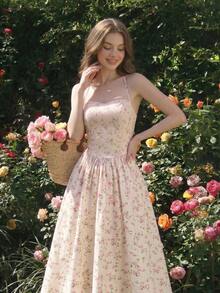 Vestido largo elegante de mujer con estampado floral y diseño de cordones en la espalda, vestido midi de verano con espalda descubierta, vestido midi floral ajustado con cordones en - Rosa - Ver 2
