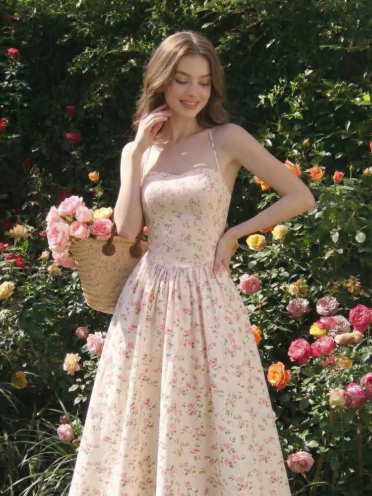 Skyraze Backless Lace-Up Fitted Floral Midi Dress | SHEIN