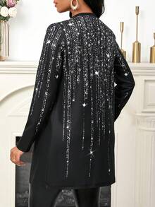 SHEIN Lady Simple Shiny Print Front Open Coat Suitable For Autumn And Winter Halloween Plus Size Valentine's Day Gifts Festival Women Wedding Guest Concert Black - Black - View 2
