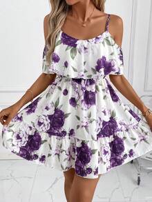 SHEIN Clasi Gaun Cami Wanita Motif Bunga dengan Hem Berkerut untuk Kencan dan Liburan - Purple - View 6