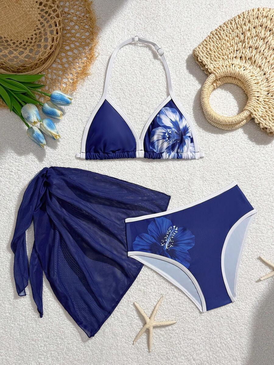 SHEIN Girls' (Big) Swimsuit Set Navy Blue Color Block High Elasticity Skin-Friendly Fabric 2-Piece Halter Neck 3-Piece Set Nautical Tropical Beach - Multicolor - View 1