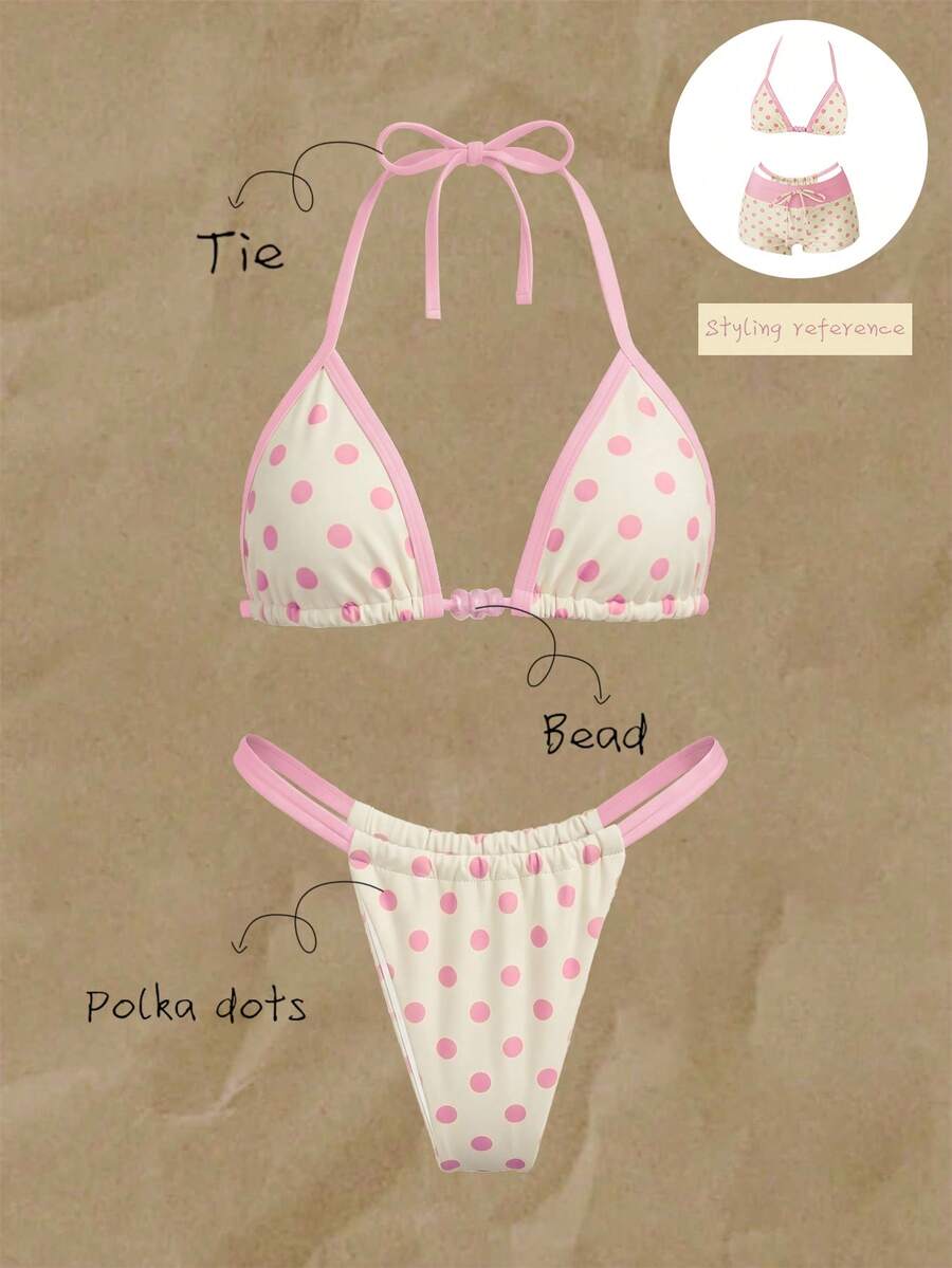 Elavelle Conjunto de bikini halter con estampado aleatorio para mujer, primavera/verano - Multicolor - Ver 1