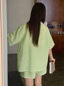 Dazy Plus Plus Size Women Plaid Ruched Texture Loose Top And Shorts Pajama Set, Cute Summer Sleepwear - Mint Green - View 2