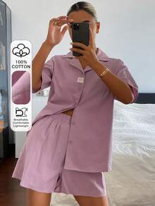 Livesso 2件組女款休閒夏季套裝，包含開襟短袖上衣與短款睡褲 - 紫色 - 查看 5