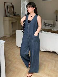 Dazy Plus Plus Size Women's Washed Dark Blue Zip Front Loose Casual Long Denim Jumpsuit, Spring/Summer - Dark Wash - View 6