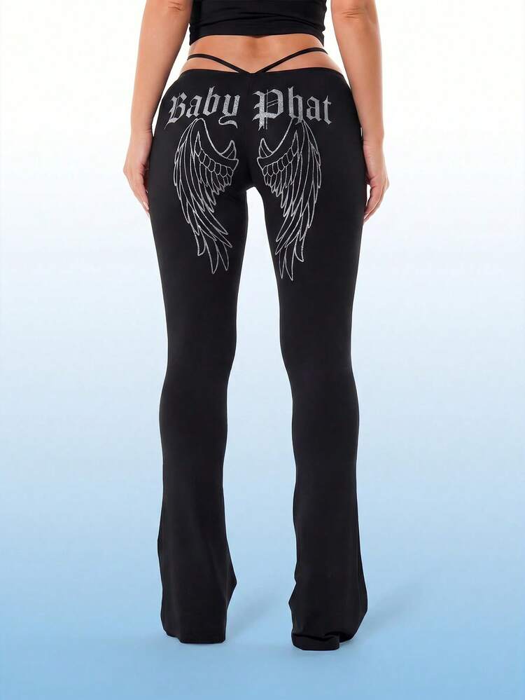 BABYPHAT 크로스오버 허리 디테일, 천사 날개 등 프린트 및 고양이 로고가 있는 플레어 레깅스, 로우 라이즈 플레어 팬츠