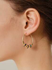 MOTF PREMIUM Pendientes vintage con micro engaste de piedra de color y círculo chapados en oro - Multicolor - Ver 3