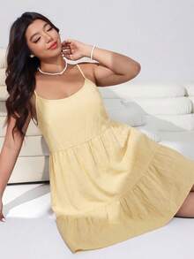 Solflare Butter Yellow Plus Size Women's Ruffle Hem Cami Dress Spring Summer Beach Vacation Casual - Apricot - View 4