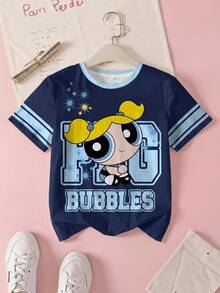 THE POWERPUFF GIRLS X SHEIN 少女圆领短袖休闲T恤，全印花 - 白色 - 查看 1