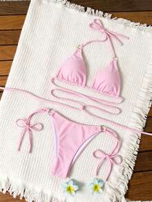 Swim SXY 女款夏季海灘素色掛脖綁帶性感比基尼三角泳褲兩件式泳衣套裝 - 粉色 - 查看 4