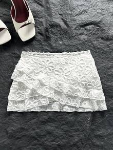 SHEIN Swim Swim Mod 女款優雅花卉蕾絲飾邊雙層荷葉邊罩衫洋裝，適合夏季海灘度假 - 白色 - 查看 1