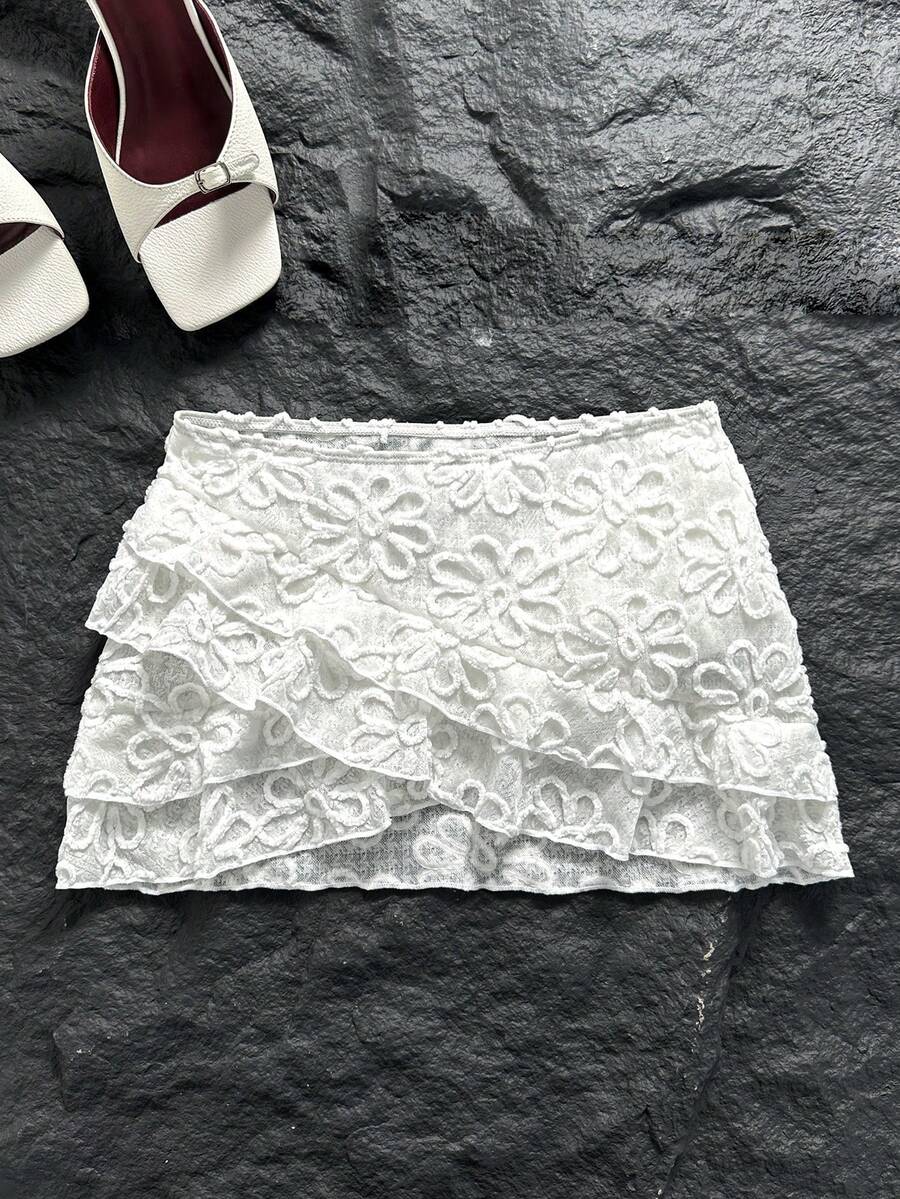 SHEIN Swim Swim Mod 女款優雅花卉蕾絲飾邊雙層荷葉邊罩衫洋裝,適合夏季海灘度假 - 白色 - 查看 1