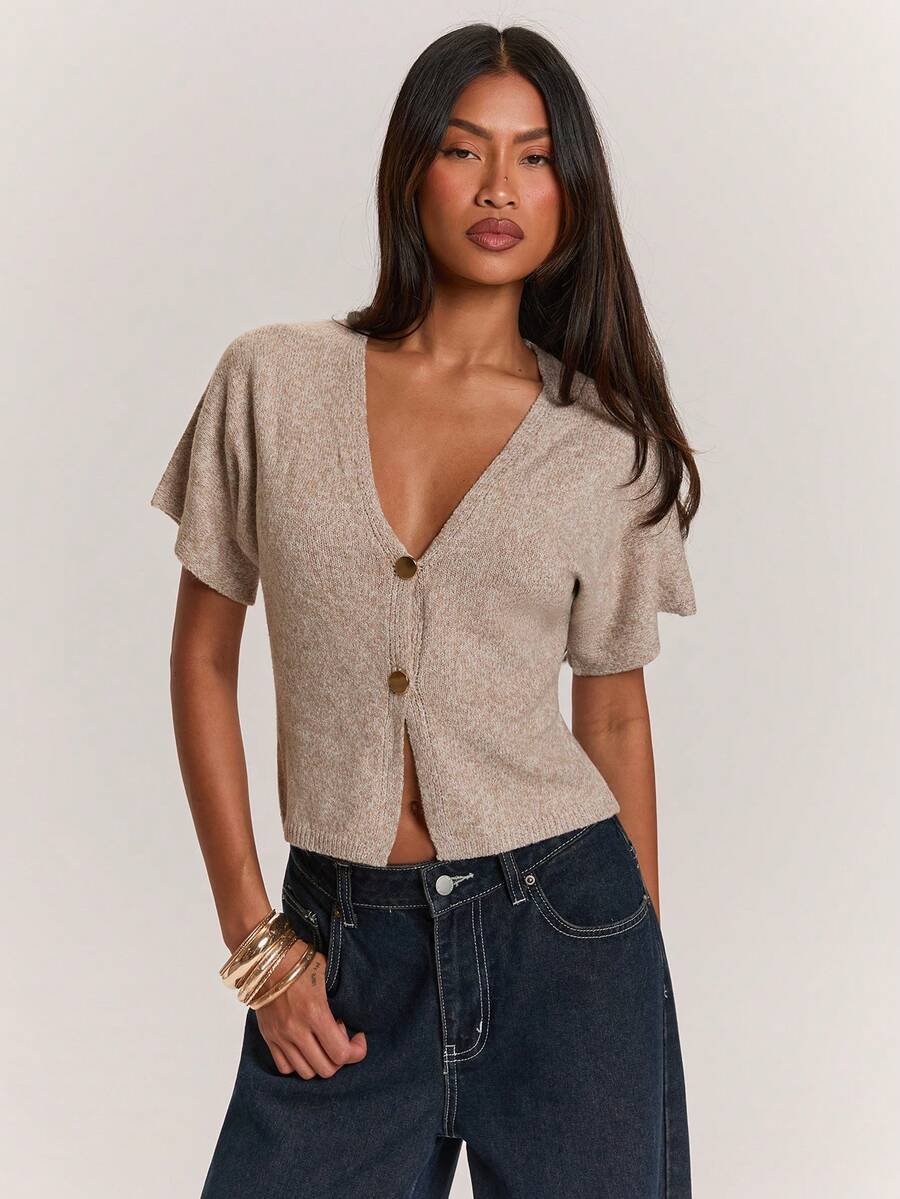 SHEIN BAE Women's Fashion Button-Up Versatile Waist-Defining Knit Cardigan Brunch Beige Autumn Casual - Khaki - View 1
