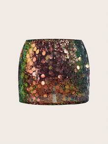 SHEIN ICON 黑色貼身高腰超短女款迷你裙 - 金色 - 查看 2