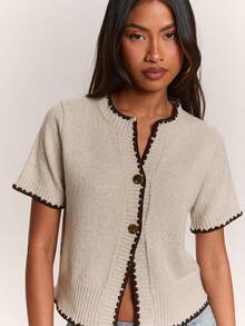 SHEIN BAE Regular Women's Gold Button Knit Cardigan - Khaki - View 8