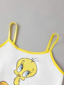 LOONEY TUNES X SHEIN 2pcs Women's Yellow & White Cartoon Tweety Print Cami Top And Boyshorts Set,Women Two Pieces Outfits,Kawaii,Sweet,Cute - Yellow - View 4